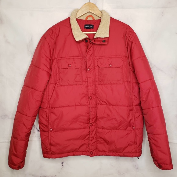 LANDS' END Men's Red Puffer Zipper Up Snap Button Jacket Coat L - Picture 1 of 12